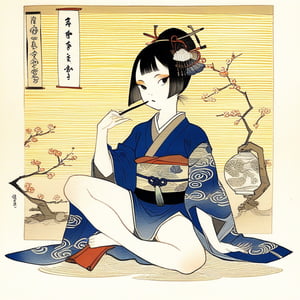 (1 girl ), fullbody_girl, sitting_poses, ukiyo-e, kymono, yellow_kymono, ancient_style