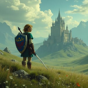 A cinematic scene depicting a live-action adaptation of The Legend of Zelda, featuring a character inspired by Link, in a fantasy landscape