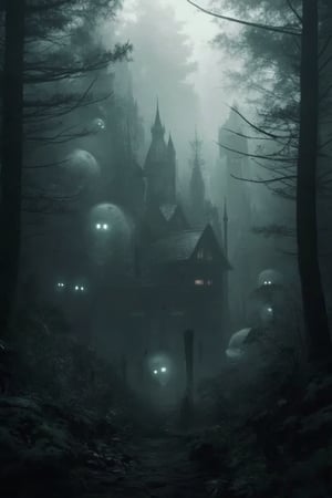 resident evil , mysterious village, village nestled deep within a dense forest,  monochrome , foggy atmosphere, scene is framed with a wide-angle shot, capturing the entire village and the misty forest, soft  light, diffused lighting, ghostly