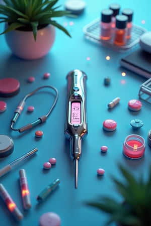 Create a top-down view of a futuristic medical workspace. The scene should include a sleek, high-tech thermometer, various colorful pills, and ampoules scattered across a modern medical desk. The overall atmosphere should blend elements of medicine and cyber technology, showcasing an advanced healthcare environment