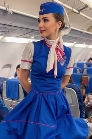 Beautiful russian stewardess,Stewardess uniform,Red lips, Blue cap of stewardess, blue skirt of stewardess, photo, realistic