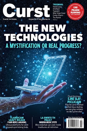 A magazine cover with the text “The New Technologies: a mystification or real progress?”