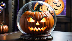 heloween pumpkin in the glass orb, wizard room background, bubbles,