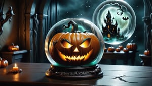 heloween pumpkin in the glass orb, wizard room background, bubbles,ink,DonM3v1lM4dn355XL 