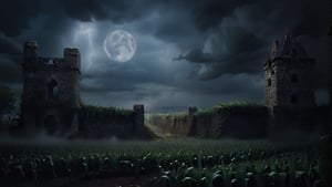 high detail Cornfield, ruined medieval stonewall, dark night, storm, rainy, cloud, moon with blue ray