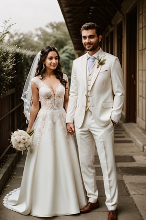 iranian girl wearing wedding dress  and her husband standing beside her wearing westenr suit