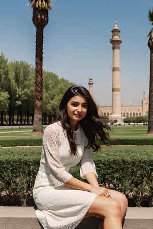 iranian girl wearing a shall loosly around her had. wearing simp;e dress with sleeves, siting in a park