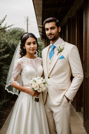 iranian girl wearing wedding dress  and her husband standing beside her wearing westenr suit. both are looking at the camera