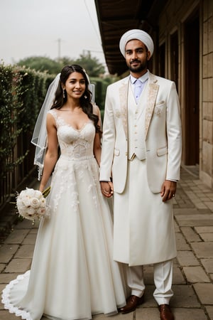 iranian girl wearing wedding dress  and her husband standing beside her