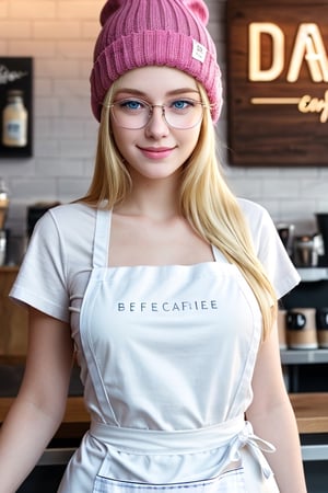 A beautiful blonde barista, 18-year old European girl, amazingly beautiful, (symmetrical pale blue eyes), smiling, (pale white skin:1.2), (long blonde hair:1.3), wearing (pink beanie, trendy eyeglasses, white t-shirt, apron), detailed beautiful face and eyes, natural skin texture, detailed skin texture, 8k, best quality, photo-realistic, ultra realistic, hyperdetailed, (coffee shop), soft lighting