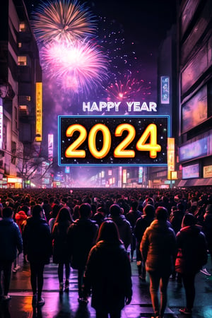 Many people celebrating new year, watching fireworks, giant neon sign written ("Happy New Year 2024":1.5), night street view, best quality photography, UHD, hyper-detailed