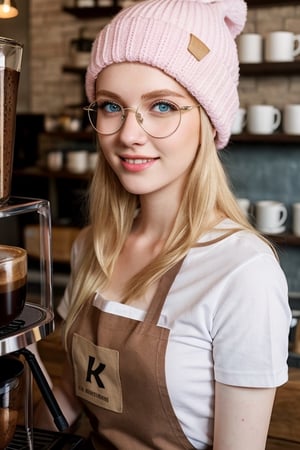 A beautiful blonde barista, 18-year old European girl, amazingly beautiful, (symmetrical pale blue eyes), smiling, perfect teeth, (pale white skin:1.2), (long blonde hair:1.3), wearing (pink beanie, trendy eyeglasses, white t-shirt, apron), detailed beautiful face and eyes, natural skin texture, detailed skin texture, 8k, best quality, photo-realistic, ultra realistic, hyperdetailed, (coffee shop), soft lighting