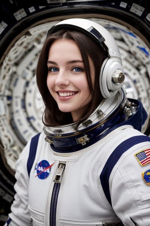 A beautiful girl, 18-year old (European girl), (symmetrical pale blue eyes), long brunette hair, (fair skin), seductive smile, (perfect white teeth), perfect body, medium breasts, wearing spacesuit, ((no helmet)), NASA space station, facing viewer, half body shot, photography, 12k, soft lighting, UHD, sharp focus, hyper-detailed