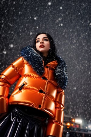 A beautiful girl, 18-year old European girl, (detailed beautiful blue eyes), long black hair, wearing ((orange vinyl puffer coat)), ((metallic micro skirt)), ((looking up the sky, hopeful)), (falling snow:1.4), nighttime, city lights, bokeh, aesthetic, close-up, side view, full body, professional photography, cinematic lighting, intricate details, high contrast, sharp focus, UHD, hyper-detailed,perfecteyes eyes