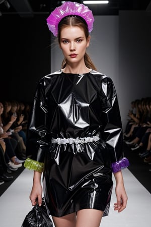 Fashion show with garbage bag as theme, pretty high fashion models, wearing ((clothes made of colorful garbage bags)), walking down catwalk, (detailed face and eyes, detailed skin texture), soft lighting, best quality, photography, 12k, UHD, hyper-detailed