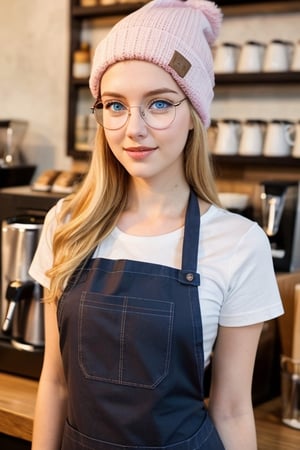 A beautiful blonde barista, 18-year old European girl, amazingly beautiful, (symmetrical pale blue eyes), happy expression, (pale white skin:1.2), (long blonde hair:1.3), wearing (pink beanie, red rim eyeglasses, white t-shirt, apron), detailed beautiful face and eyes, natural skin texture, detailed skin texture, 8k best quality, photo-realistic, ultra realistic, hyperdetailed, (coffee shop)