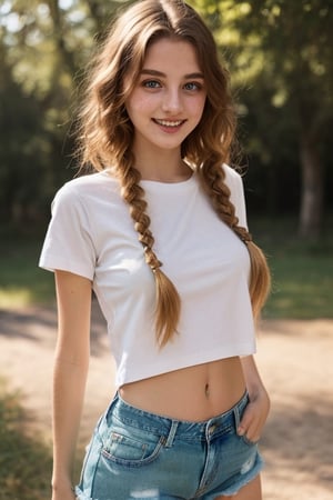 18-year old European girl, (braided ginger hair), amazingly pretty, (fair skin), (natural skin texture, slight freckles), seductive smile, (perfect white teeth), perfect body, (t-shirt, denim shorts), medium breasts, (perfect waist, perfect hips, perfect hands, perfect fingers, perfect legs), (detailed skin texture, visible skin texture, skin fuzz), Instagram selfie, half-body shot, close-up, soft lighting, best quality, photography, 8k, UHD, hyper-detailed, (symmetrical pale green eyes:1.2)