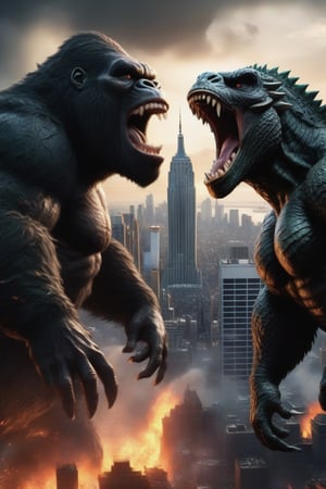 On the right side of the image is King Kong roaring. On the left side of the image is Godzilla, dark green dragon, spitting fire from his mouth at King Kong. In the background is the cityscape of New York, totally destroyed, ultra-realistic, high contrast, natural lighting, photography, 12K, UHD, sharp focus, high contrast, hyper-detailed,LegendDarkFantasy