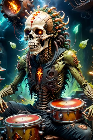 portrait of an infected anthropomorphic lifeform based on scary human skeleton with an alien-skull for a head with long dreads like bob marley, solid gold & jewlery decorated teeth, smoking a weed blunt, smoke from head, gold grille, gold and diamond necklace and jewlery, tattoos on face, A CyberZomb skater punk playing drums with drum-sticks on a drumset in a nightclub with fungus and mushrooms made of plants, wearing black ripped shirt with "AC/DC" logo on the front, strong studio lighting, h. r. giger and beksinski, highly detailed, golden ratio, tristan eaton, victo ngai, artgerm, vibrant, production cinematic character render, mossy grassfield with mushrooms growing of all kinds, DonMCyb3rN3cr0XL,HellAI,cyberpunk style,Monster,aw0k geometry,biopunk style