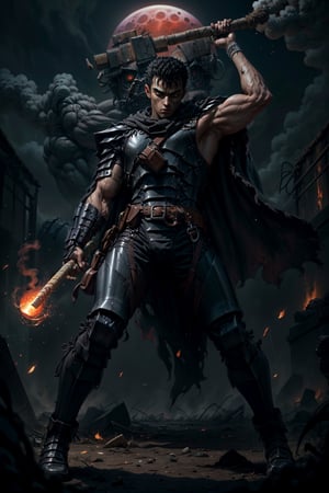 high detailed full body wide shot of 1boy guts \(berserk\) in his black Berserker Armor from the manga by Kentaro Miura, swinging a giant buster sword that is twice his size, left arm is armored and mechanical with a hidden weapon hi-tech, scar, scar on nose, weapon on back, cape (8k, ultra-best quality, masterpiece: 1.2), ultra-detailed, best shadow, detailed hand, hyper-realistic portraits, (detailed background), glowing right eye. Godhand red behelit. Set against a background of an Eclipse Blood Moon in raging fire with black flames dancing in the backdrop, creating a hellish inferno-like atmosphere. ((Perfect face)), ((perfect hands)), ((perfect body)), one eye closed