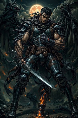 high detailed full body wide shot of "Guts" in his Berserker Armor from the manga by Kentaro Miura, swinging a giant (buster sword) that is twice his size, left arm is armored black in color and mechanical with a hidden weapon hi-tech, scars and battle damage, renowned as the "Black Swordsman" a former mercenary and branded wanderer who travels the world even as his inner darkness festers deep within him and its temptation becomes increasingly harder to resist, he retains his empathy and compassion, refusing to discard his humanity (8k, ultra-best quality, masterpiece: 1.2), ultra-detailed, best shadow,detailed hand, hyper-realistic portraits, (detailed background), glowing right eye. God hand. Eclipse. His defining ability is his mastery over the Buster Sword like Cloud from Final Fantasy 7. Set him against a background of a raging fire with black flames dancing in the backdrop, black crow flying, creating an inferno-like atmosphere. ((Perfect face)), ((perfect hands)), ((perfect body)), traditional media, guts \(berserk\), one eye closed