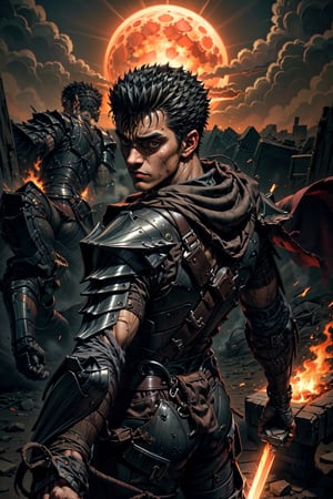 1boy, high detailed full body wide shot of "Guts" in his black Berserker Armor from the manga by Kentaro Miura, swinging a giant "buster sword" that is twice his size, left arm is armored black in color and mechanical with a hidden weapon hi-tech, scar, scar on face, scar on nose, weapon on back, blood moon, red night, traditional media (8k, ultra-best quality, masterpiece: 1.2), ultra-detailed, best shadow, detailed hand, hyper-realistic portraits, (detailed background). Godhand. Set him against a background of an eclipse in a raging fire with black flames dancing in the backdrop, creating an inferno-like atmosphere. ((Perfect face)), ((perfect hands)), ((perfect body)), guts \(berserk\)