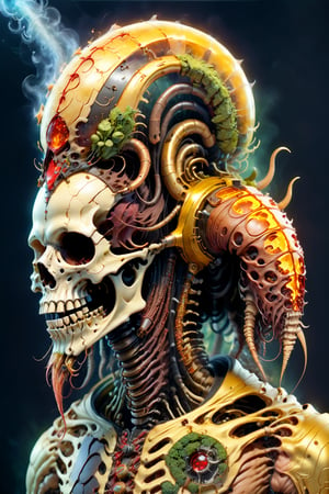 portrait of an infected anthropomorphic lifeform based on friendly human skeleton with an alien-skull for a head with long flowing dreads like bob marley or viking, gold & jewlery encrusted teeth, some facial hair, smoke from head and equipment, gold technology, golden ratio, gold and diamond necklace and jewlery, tattoos on face, A CyberZomb skater punk as a lead singer, singing his heart out into a gold microphone with fungus and mushrooms made of plants, wearing black ripped shirt with "AC/DC" logo on the front, strong studio lighting, h. r. giger and beksinski, highly detailed, golden ratio, tristan eaton, victo ngai, artgerm, vibrant, production cinematic character render, mossy grassfield with mushrooms growing of all kinds, DonMCyb3rN3cr0XL,HellAI,cyberpunk style,Monster,aw0k geometry,biopunk style