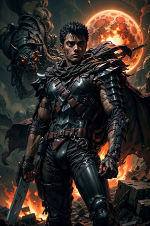 1boy, high detailed full body wide shot of "Guts" in his black Berserker Armor from the manga by Kentaro Miura, swinging a giant "buster sword" that is twice his size, left arm is armored black in color and mechanical with a hidden weapon hi-tech, scar, scar on face, scar on nose, weapon on back, blood moon, red night, traditional media (8k, ultra-best quality, masterpiece: 1.2), ultra-detailed, best shadow, detailed hand, hyper-realistic portraits, (detailed background). Godhand. Set him against a background of an eclipse in a raging fire with black flames dancing in the backdrop, creating an inferno-like atmosphere. ((Perfect face)), ((perfect hands)), ((perfect body)), guts \(berserk\)