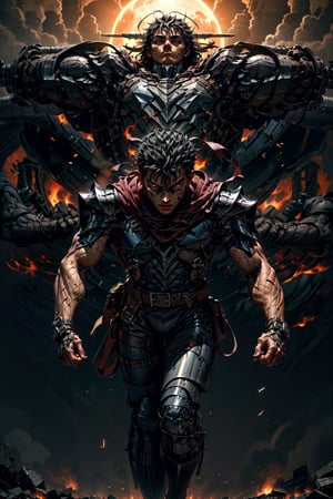 high detailed full body wide shot of "Guts" in his Berserker Armor from the manga by Kentaro Miura, swinging a giant (buster sword) that is twice his size, left arm is armored black in color and mechanical with a hidden weapon hi-tech, scars and battle damage (8k, ultra-best quality, masterpiece: 1.2), ultra-detailed, best shadow, detailed hand, hyper-realistic portraits, (detailed background), glowing right eye. Godhand. Set him against a background of an eclipse in raging fire with black flames dancing in the backdrop, creating an inferno-like atmosphere. ((Perfect face)), ((perfect hands)), ((perfect body)), guts \(berserk\)