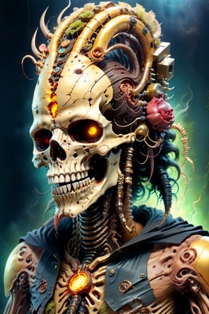 portrait of an infected anthropomorphic lifeform based on friendly human skeleton with an alien-skull for a head with long flowing dreads like bob marley or viking, gold & jewlery encrusted teeth, some facial hair, smoke from head and equipment, gold technology, golden ratio, gold and diamond necklace and jewlery, tattoos on face, A CyberZomb skater punk as a lead singer, singing his heart out into a gold microphone with fungus and mushrooms made of plants, wearing black ripped shirt with "AC/DC" logo on the front, strong studio lighting, h. r. giger and beksinski, highly detailed, golden ratio, tristan eaton, victo ngai, artgerm, vibrant, production cinematic character render, mossy grassfield with mushrooms growing of all kinds, DonMCyb3rN3cr0XL,HellAI,cyberpunk style,Monster,aw0k geometry,biopunk style