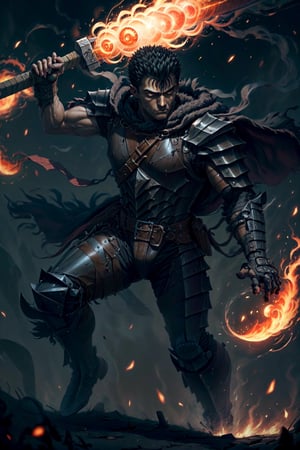 1boy, high detailed full body wide shot of guts \(berserk\) in his black Berserker Armor from the manga by Kentaro Miura, swinging a giant buster sword that is twice his size, left arm is armored and mechanical with a hidden weapon hi-tech, scar, scar on nose, weapon on back, cape (8k, ultra-best quality, masterpiece: 1.2), ultra-detailed, best shadow, detailed hand, hyper-realistic portraits, (detailed background), glowing right eye. Godhand red behelit. Set him against a background of an Eclipse Blood Moon in raging fire with black flames dancing in the backdrop, creating a hellish inferno-like atmosphere. ((Perfect face)), ((perfect hands)), ((perfect body)), one eye closed