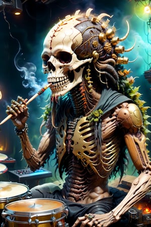 portrait of an infected anthropomorphic lifeform based on friendly human skeleton with an alien-skull for a head with long flowing dreads like bob marley or viking, gold & jewlery encrusted teeth, smoking a weed blunt hanging from mouth, smoke from head and equipment, gold grille, gold and diamond necklace and jewlery, tattoos on face, A CyberZomb skater punk playing drums with drum-sticks on a drumset in a nightclub with fungus and mushrooms made of plants, wearing black ripped shirt with "AC/DC" logo on the front, strong studio lighting, h. r. giger and beksinski, highly detailed, golden ratio, tristan eaton, victo ngai, artgerm, vibrant, production cinematic character render, mossy grassfield with mushrooms growing of all kinds, DonMCyb3rN3cr0XL,HellAI,cyberpunk style,Monster,aw0k geometry,biopunk style