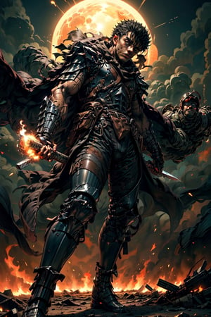 high detailed full body wide shot of "Guts" in his Berserker Armor from the manga by Kentaro Miura, swinging a giant (buster sword) that is twice his size, left arm is armored black in color and mechanical with a hidden weapon hi-tech, scars and battle damage (8k, ultra-best quality, masterpiece: 1.2), ultra-detailed, best shadow, detailed hand, hyper-realistic portraits, (detailed background), glowing right eye. Godhand. Set him against a background of an eclipse in raging fire with black flames dancing in the backdrop, creating an inferno-like atmosphere. ((Perfect face)), ((perfect hands)), ((perfect body)), guts \(berserk\)