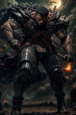 high detailed full body wide shot of "Guts" in his Berserker Armor from the manga by Kentaro Miura, swinging a giant (buster sword) that is twice his size, left arm is armored black in color and mechanical with a hidden weapon hi-tech, scars and battle damage (8k, ultra-best quality, masterpiece: 1.2), ultra-detailed, best shadow, detailed hand, hyper-realistic portraits, (detailed background). Godhand. Set him against a background of an eclipse in raging fire with black flames dancing in the backdrop, creating an inferno-like atmosphere. ((Perfect face)), ((perfect hands)), ((perfect body)), guts \(berserk\)