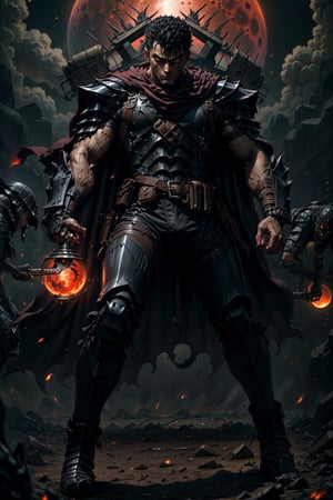 high detailed full body wide shot of 1boy guts \(berserk\) in his black Berserker Armor from the manga by Kentaro Miura, swinging a giant buster sword that is twice his size, left arm is armored and mechanical with a hidden weapon hi-tech, scar, scar on nose, weapon on back, cape (8k, ultra-best quality, masterpiece: 1.2), ultra-detailed, best shadow, detailed hand, hyper-realistic portraits, (detailed background), glowing right eye. Godhand red behelit. Set against a background of an Eclipse Blood Moon in raging fire with black flames dancing in the backdrop, creating a hellish inferno-like atmosphere. ((Perfect face)), ((perfect hands)), ((perfect body)), one eye closed