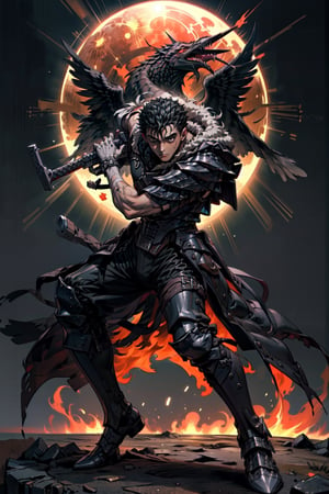 high detailed full body wide shot of "Guts" in his Berserker Armor from the manga by Kentaro Miura, swinging a giant (buster sword) that is twice his size, left arm is armored black in color and mechanical with a hidden weapon hi-tech, scars and battle damage (8k, ultra-best quality, masterpiece: 1.2), ultra-detailed, best shadow, detailed hand, hyper-realistic portraits, (detailed background), glowing right eye. God hand. Eclipse. Set him against a background of a raging fire with black flames dancing in the backdrop, black crow flying, creating an inferno-like atmosphere. ((Perfect face)), ((perfect hands)), ((perfect body)), traditional media, guts \(berserk\), one eye closed