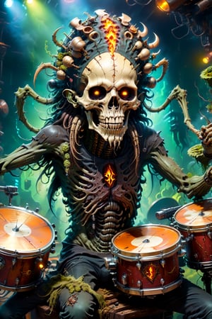 Close posing portrait of an infected anthropomorphic lifeform based on scary human skeleton with an alien-skull for a head with long dreads like bob marley, solid gold decorated teeth, smoking a weed blunt, smoke from head, gold grille, gold and diamond necklace and jewlery, tattoos on face, A CyberZomb skater punk playing drums on a drumset in a nightclub with fungus and mushrooms made of plants, wearing black ripped shirt with "AC/DC" logo, strong studio lighting, h. r. giger and beksinski, highly detailed, golden ratio, tristan eaton, victo ngai, artgerm, vibrant, production cinematic character render, mossy grassfield with mushrooms growing of all kinds, DonMCyb3rN3cr0XL,HellAI,cyberpunk style,Monster,aw0k geometry,biopunk style