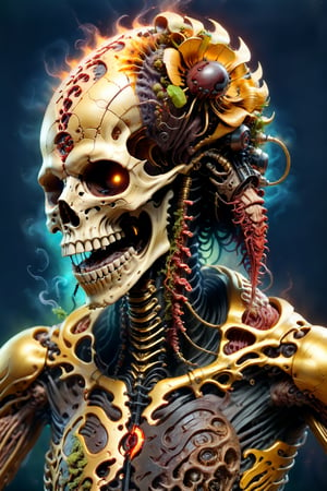 portrait of an infected anthropomorphic lifeform based on friendly human skeleton with an alien-skull for a head with long flowing dreads like bob marley or viking singing his heart out into a gold microphone, gold & jewlery encrusted teeth, some facial hair, smoke from head and equipment, gold technology, golden ratio, gold and diamond necklace and jewlery, tattoos on face, A CyberZomb skater punk as a lead singer, with fungus and mushrooms made of plants, wearing black ripped shirt with "AC/DC" logo on the front, strong studio lighting, h. r. giger and beksinski, highly detailed, golden ratio, tristan eaton, victo ngai, artgerm, vibrant, production cinematic character render, mossy grassfield with mushrooms growing of all kinds, DonMCyb3rN3cr0XL,HellAI,cyberpunk style,Monster,aw0k geometry,biopunk style