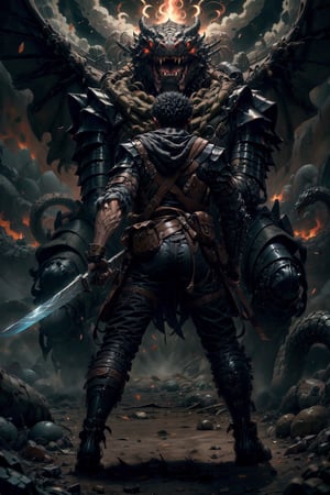 1man, high detailed full body wide shot of "Guts" in his Berserker Armor the protagonist from the anime "Berserk" by Kentaro Miura, reaching behind his back for his giant bastard sword that is twice the size of him, left arm is armored black and mechanical with a hidden weapon, eyes on fire red, bleeding, scars and battle damage, renowned as the "Black Swordsman" a former mercenary and branded wanderer who travels the world. fighting a snake monster, in a constant internal struggle between pursuing his own ends and upholding his attachments to those dear to him. "Guts" is a mercenary who travels from company to company and companionship to companionship. (8k, ultra-best quality, masterpiece: 1.2), ultra-detailed, best shadow,detailed hand, hyper-realistic portraits, (detailed background),guts \(berserk\), guts \(berserk\),one eye closed