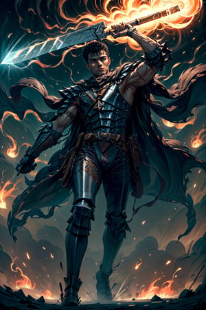 1boy, high detailed full body wide shot of "Guts" in his Berserker Armor from the manga by Kentaro Miura, swinging a giant (buster sword) that is twice his size, left arm is armored black in color and mechanical with a hidden weapon hi-tech, scar, scar on nose, weapon on back (8k, ultra-best quality, masterpiece: 1.2), ultra-detailed, best shadow, detailed hand, hyper-realistic portraits, (detailed background), glowing right eye. Godhand. Set him against a background of an eclipse in raging fire with black flames dancing in the backdrop, creating an inferno-like atmosphere. ((Perfect face)), ((perfect hands)), ((perfect body)), guts \(berserk\)