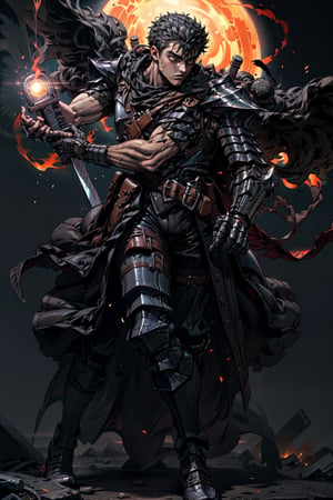 high detailed full body wide shot of "Guts" in his Berserker Armor from the manga by Kentaro Miura, swinging a giant (buster sword) that is twice his size, left arm is armored black in color and mechanical with a hidden weapon hi-tech, scars and battle damage (8k, ultra-best quality, masterpiece: 1.2), ultra-detailed, best shadow, detailed hand, hyper-realistic portraits, (detailed background), glowing right eye. Godhand. Set him against a background of an eclipse in raging fire with black flames dancing in the backdrop, creating an inferno-like atmosphere. ((Perfect face)), ((perfect hands)), ((perfect body)), guts \(berserk\)