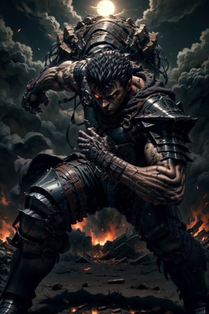 high detailed full body wide shot of "Guts" in his Berserker Armor from the manga by Kentaro Miura, swinging a giant (buster sword) that is twice his size, left arm is armored black in color and mechanical with a hidden weapon hi-tech, scars and battle damage (8k, ultra-best quality, masterpiece: 1.2), ultra-detailed, best shadow, detailed hand, hyper-realistic portraits, (detailed background), glowing right eye. Godhand. Set him against a background of an eclipse in raging fire with black flames dancing in the backdrop, creating an inferno-like atmosphere. ((Perfect face)), ((perfect hands)), ((perfect body)), guts \(berserk\)