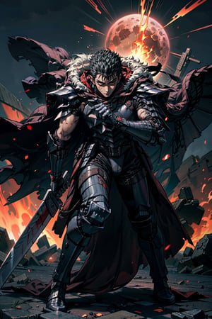 1man, solo high detailed full body wide shot of guts \(berserk\) in his black Berserker Armor from the manga by Kentaro Miura, swinging a giant buster sword that is twice his size, left arm is armored and mechanical with a hidden weapon hi-tech, scar, scar on nose, weapon on back, cape with hood, (8k, ultra-best quality, masterpiece: 1.2), ultra-detailed, best shadow, detailed hand, hyper-realistic portraits, (detailed background), glowing right eye. Godhand red behelit. Set him against a background of an Eclipse Blood Moon in raging fire with black flames dancing in the backdrop, creating a hellish inferno-like atmosphere. ((Perfect face)), ((perfect hands)), ((perfect body)), one eye closed