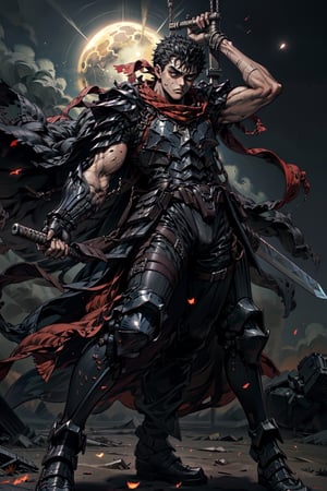 high detailed full body wide shot of "Guts" in his Berserker Armor from the manga by Kentaro Miura, swinging a giant (buster sword) that is twice his size, left arm is armored black in color and mechanical with a hidden weapon hi-tech, scars and battle damage (8k, ultra-best quality, masterpiece: 1.2), ultra-detailed, best shadow, detailed hand, hyper-realistic portraits, (detailed background), glowing right eye. Godhand. Set him against a background of an eclipse in raging fire with black flames dancing in the backdrop, creating an inferno-like atmosphere. ((Perfect face)), ((perfect hands)), ((perfect body)), guts \(berserk\)