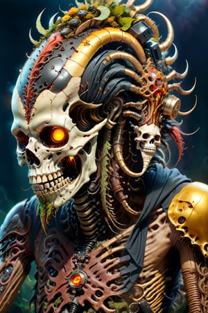 portrait of an infected anthropomorphic lifeform based on friendly human skeleton with an alien-skull for a head with long flowing dreads like bob marley or viking, gold & jewlery encrusted teeth, some facial hair, smoke from head and equipment, gold technology, golden ratio, gold and diamond necklace and jewlery, tattoos on face, A CyberZomb skater punk as a lead singer, singing his heart out into a gold microphone with fungus and mushrooms made of plants, wearing black ripped shirt with "AC/DC" logo on the front, strong studio lighting, h. r. giger and beksinski, highly detailed, golden ratio, tristan eaton, victo ngai, artgerm, vibrant, production cinematic character render, mossy grassfield with mushrooms growing of all kinds, DonMCyb3rN3cr0XL,HellAI,cyberpunk style,Monster,aw0k geometry,biopunk style