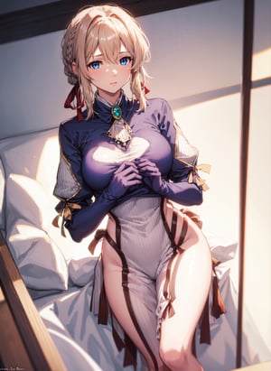 1 girl,solo,large breasts, nude, no clothes,female ejaculation,violet evergarden, blonde hair, blue eyes, hair ribbon, ribbon, short hair, braids, hair braids, red ribbon, mature female
