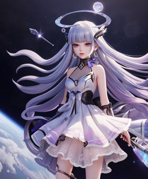 best quality, highres , 1girl, solo, upper body,long hair, dress, bare shoulders, jewelry, medium breasts, very long hair, blue hair, upper body, weapon, earrings, barefoot, sleeveless, signature, blunt bangs, sleeveless dress, halo, polearm, white dress, toenails,standing in the air in outer space,Sinestrea_Wave