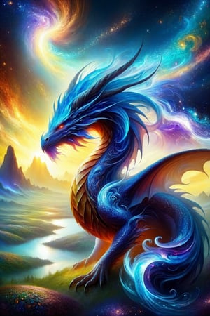 draco_fantasy, (mystic dragon:1.6), (sky), cosmic background, fantasy, stands in a mystical landscape under a celestial sky