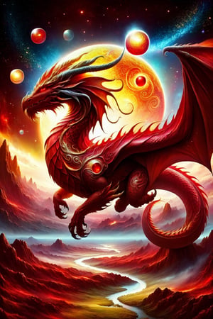draco_fantasy, (mystic dragon:1.5), red dragon, orbs, (sky), cosmic background, fantasy, stands in a mystical landscape under a celestial sky