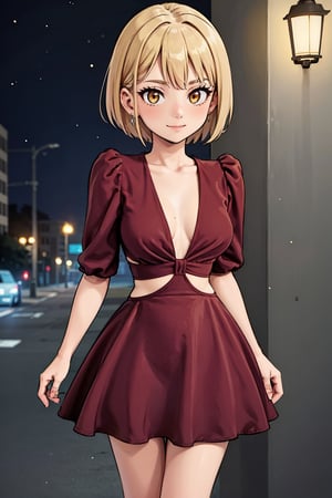 navia_gi, a girl with yellow eyes, short hair, blonde hair, beautiful woman, perfect body, perfect breasts, Pamela dress, (red dress:1.2), cowboy_shot, standing, against a wall, night time, street lamps, lights, light particles, depth of field, innocent girl, gentle smile, looking at the audience, masterpiece, super detailed, high detail, high quality, best quality, 1080p, 16k,Pamela dress,yoimiyadef